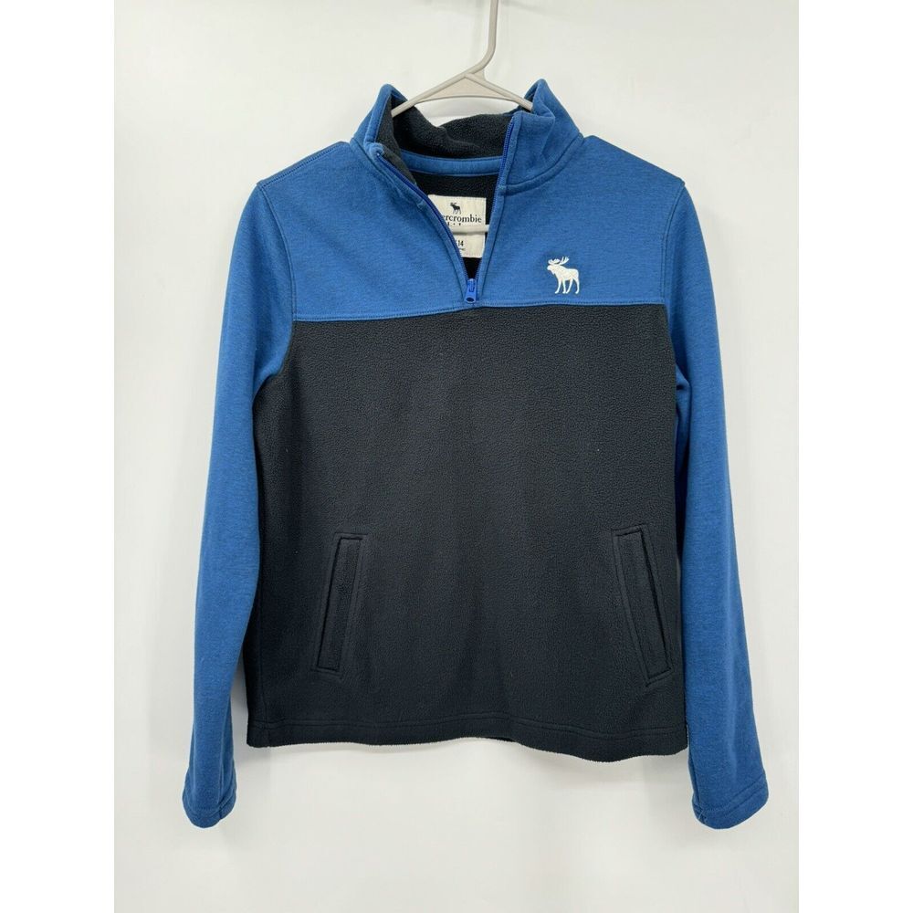 Abercrombie Kids 13/14 Fleece Quarter Zip Pullover Blue Black Colorblock‎ Logo